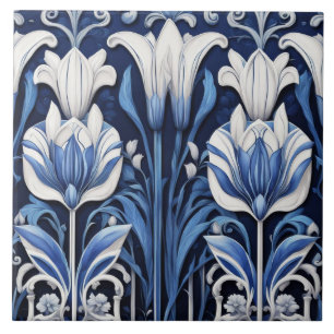 Carreau Tulipes bleues et blanches Art Déco Fleurs Art Nou