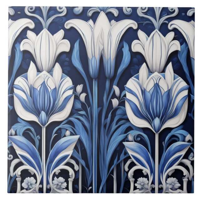 Carreau Tulipes bleues et blanches Art Déco Fleurs Art Nou (Devant)
