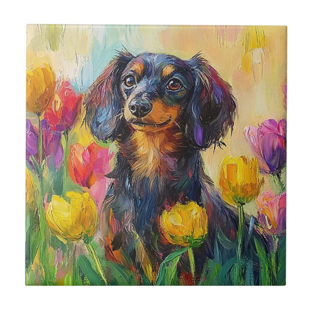 Carreau Tulipes colorées Dachshund mignonne Peinture (Devant)