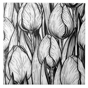 Carreau Tulipes en noir et blanc