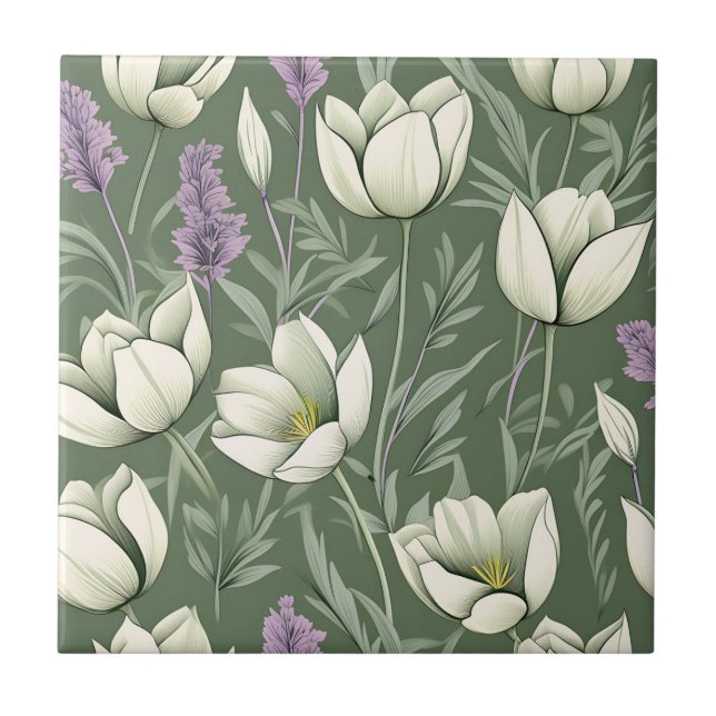 Carreau Tulipes Et Lavande Sur Vert (Devant)