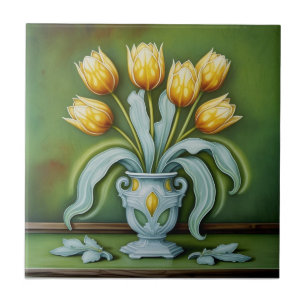 Carreau Tulipes florales jaunes Art Nouveau vintage