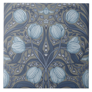 Carreau Tulipes Rétro Nouveau en bleu et étain