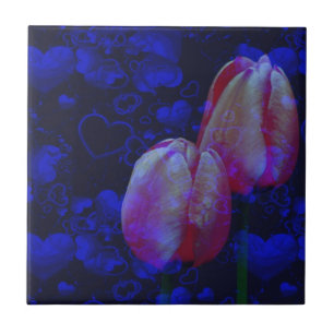 Carreau Tulipes roses Coeurs Bleus Art Floral