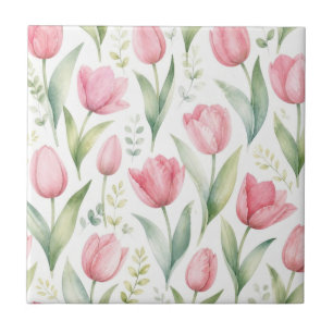 Carreau Tulipes roses Peinture florale aquarelle botanique