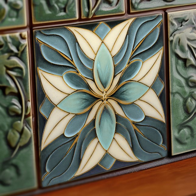 Carreau Tulipes sur bleu bouché Art Nouveau blanc (Créateur téléchargé)