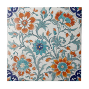 Carreau Turc Ottoman Floral Bleu Orange Vert Fleurs