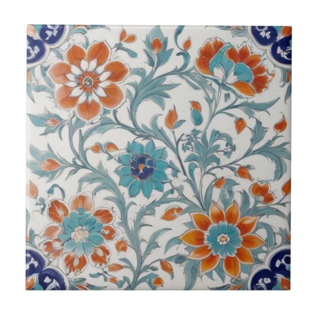 Carreau Turc Ottoman Floral Bleu Orange Vert Fleurs (Devant)