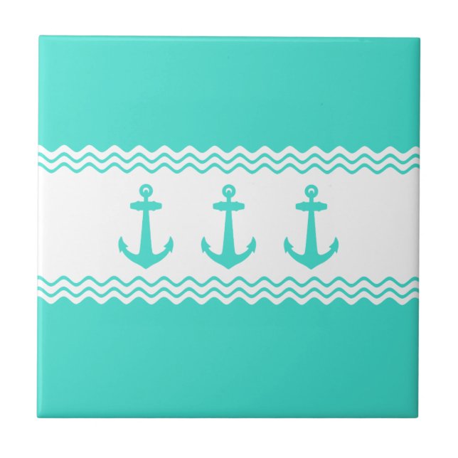 Carreau Turquoise Blanc Rayure Ancre Nautique Côtière (Devant)