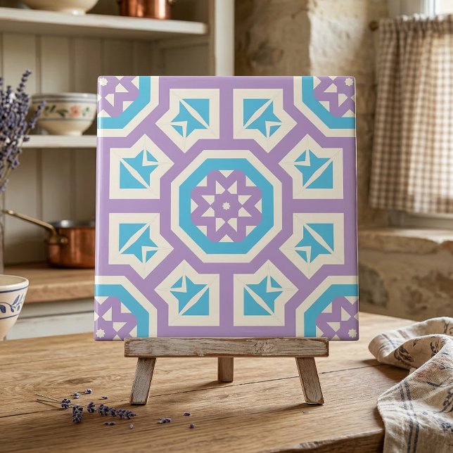 Carreau Turquoise blanc & violet Elégant Motif géométrique (Créateur téléchargé)