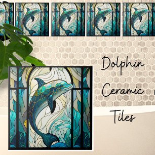 Carreau Turquoise Bleu Blanc Dauphin Faux Mosaïque Vitrail