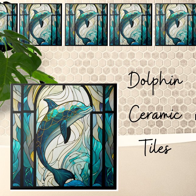 Carreau Turquoise Bleu Blanc Dauphin Faux Mosaïque Vitrail (Créateur téléchargé)