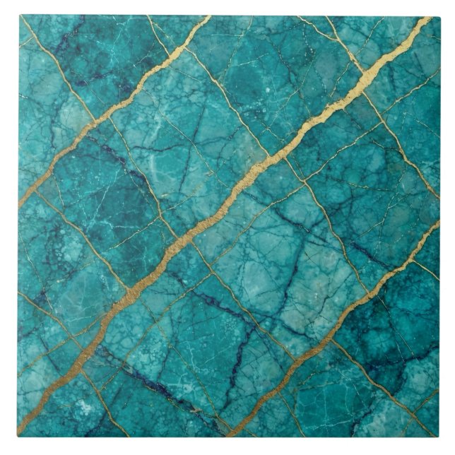Carreau Turquoise Bleu Canard et Marbre Doré (Devant)