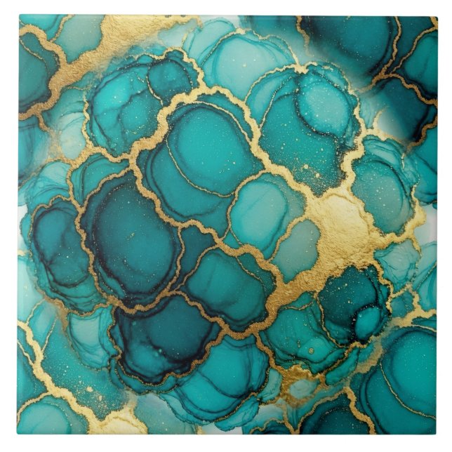 Carreau Turquoise Bleu et Encre Alcoolique Dorée (Devant)