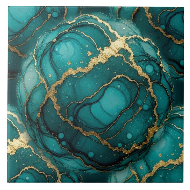 Carreau Turquoise Bleu et Encre Alcoolique Dorée (Devant)