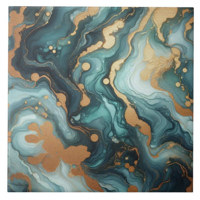 Carreau Turquoise Bleu et Or Encre Alcoolique (Devant)