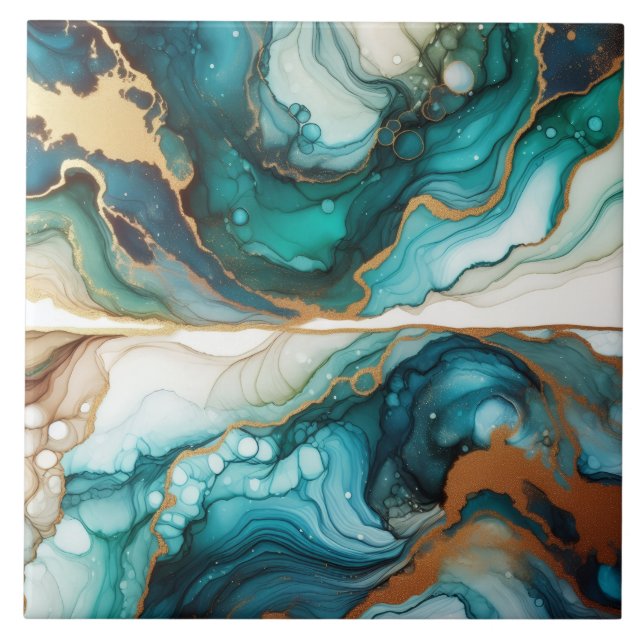 Carreau Turquoise Bleu et Or Encre Alcoolique (Devant)