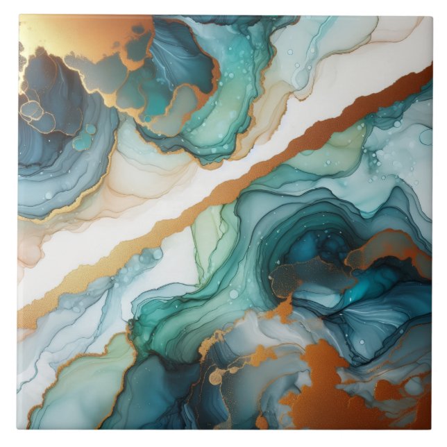 Carreau Turquoise Bleu et Or Encre Alcoolique (Devant)