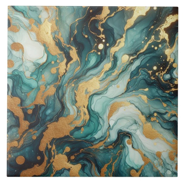 Carreau Turquoise Bleu et Or Encre Alcoolique (Devant)