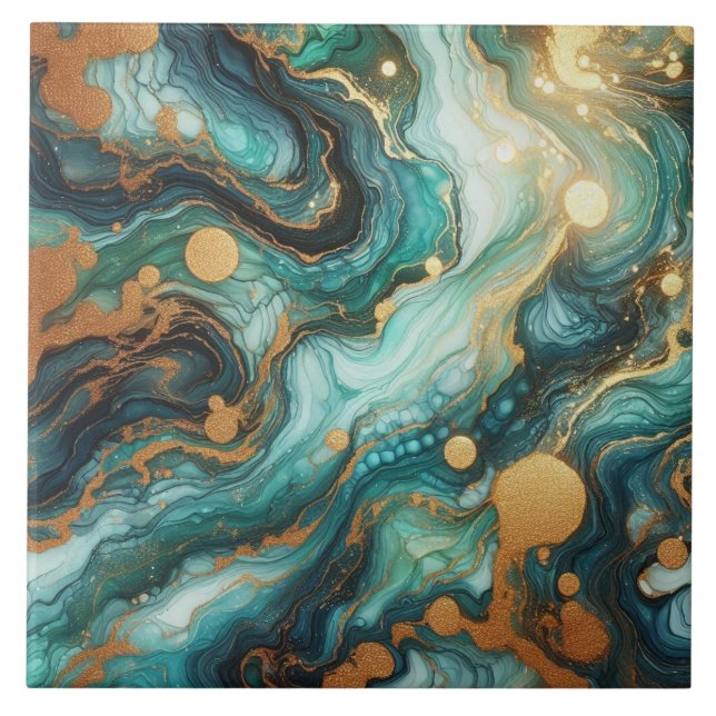 Carreau Turquoise Bleu et Or Encre Alcoolique (Devant)