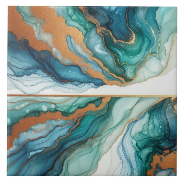 Carreau Turquoise Bleu et Or Encre Alcoolique (Devant)