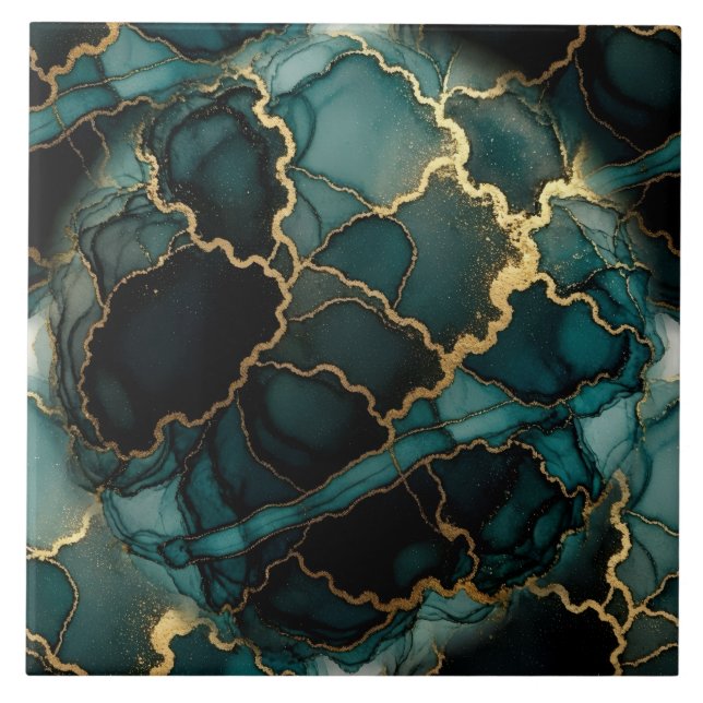 Carreau Turquoise Bleu, Noir et Or Encre Alcoolique (Devant)