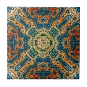 Carreau Turquoise Bleu Orange Jaune Vert Ethnic Tribu Art
