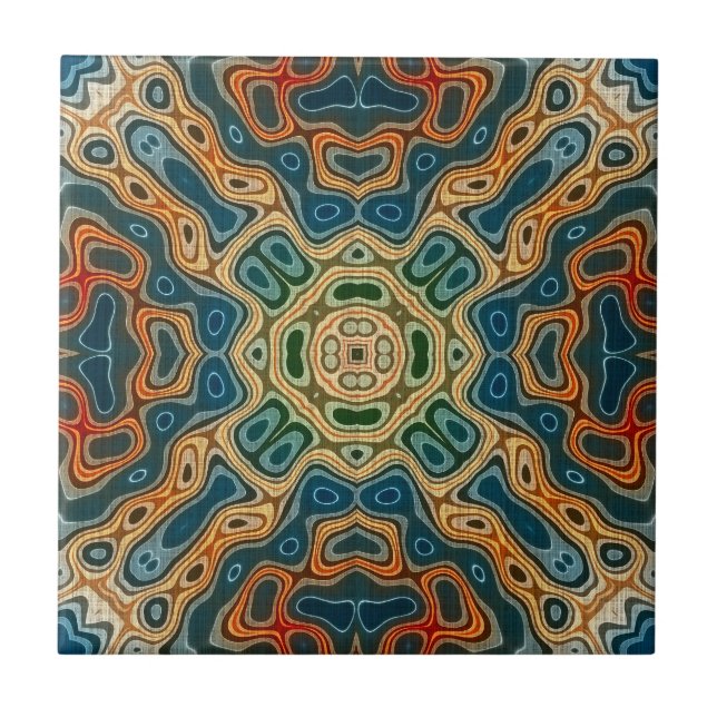 Carreau Turquoise Bleu Orange Jaune Vert Ethnic Tribu Art (Devant)