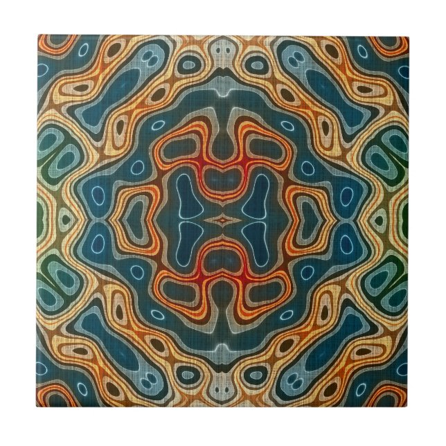 Carreau Turquoise Bleu Orange Jaune Vert Ethnic Tribu Art (Devant)