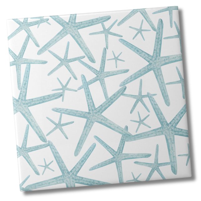 Carreau Turquoise Blue Nautical Beach Motif (Teal Nautical Starfish Sea Shell Beach Pattern Ceramic Tile)