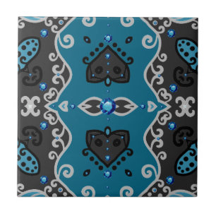 Carreau Turquoise et gris Vintage Damask Rhinestones Motif