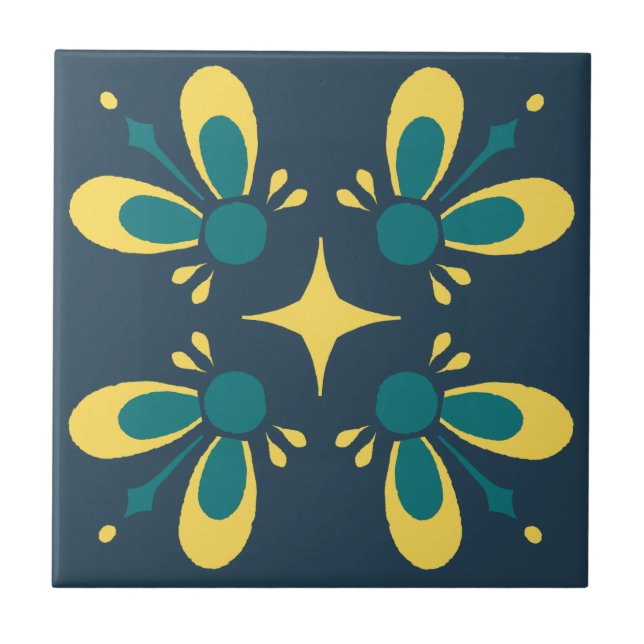 Carreau Turquoise et jaune sur Blue Intricate Floral patro (Devant)
