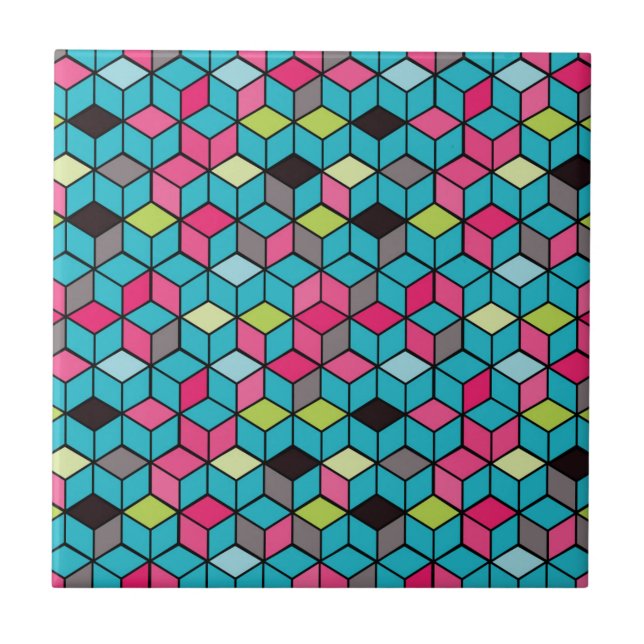 Carreau Turquoise et motif rose de cube (Devant)