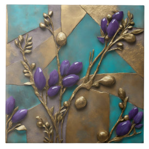 Carreau Turquoise et or, relief floral avec du violet