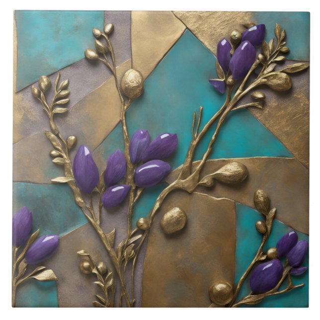 Carreau Turquoise et or, relief floral avec du violet (Devant)