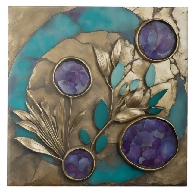 Carreau Turquoise Geometric Floral with Gold & Purple  (Devant)