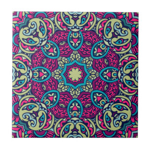 Carreau Turquoise, Magenta, Or et Olive Eclectique Boho Ma
