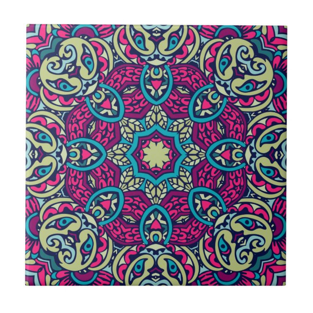 Carreau Turquoise, Magenta, Or et Olive Eclectique Boho Ma (Devant)