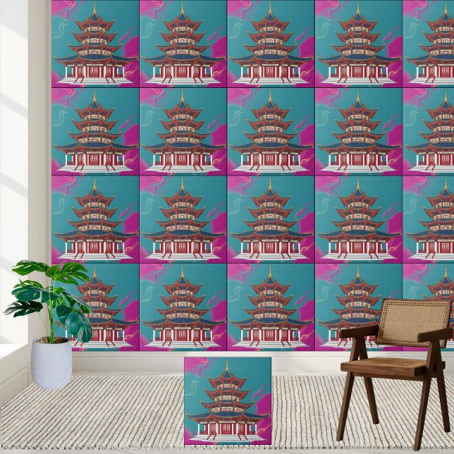 Carreau Turquoise & Magenta Oriental Pagode Chinoiserie Ca (Teal & Magenta Oriental Pagoda Chinoiserie Tile)