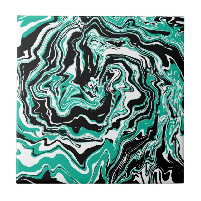 Carreau Turquoise, noir et Marbre blanc Fluid Art (Devant)