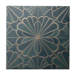 Carreau Turquoise Or Fan Pattern Art Déco Géométrique