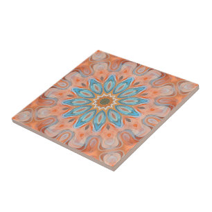 Carreau Turquoise Peach Orange Red Mandala Motif Sun