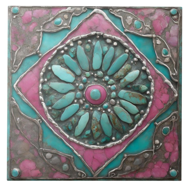 Carreau Turquoise & Pink Boho Mosaic Mandala Artwork (Devant)