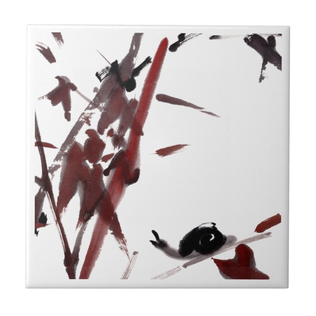 Carreau Tuschekunst mit Schnecke und Rotem Bambus (Devant)