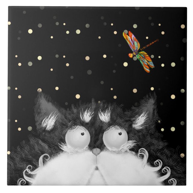 Carreau Tuxedo Cat surpris par la libellule (Devant)