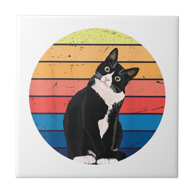 Carreau Tuxedo Chat Cadeau Couleurs rétro pour Amoureux de (Devant)