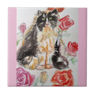 Carreau Tuxedo Chat Cute Rose Fleurs Chats Aquarelle Rose