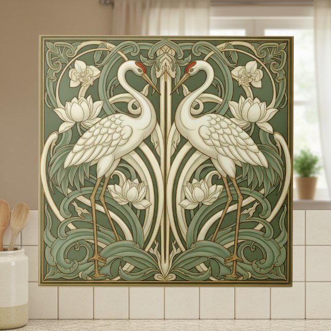 Carreau Two Cranes Art Nouveau Pat#10 Olive Ivory ID1193 (Créateur téléchargé)