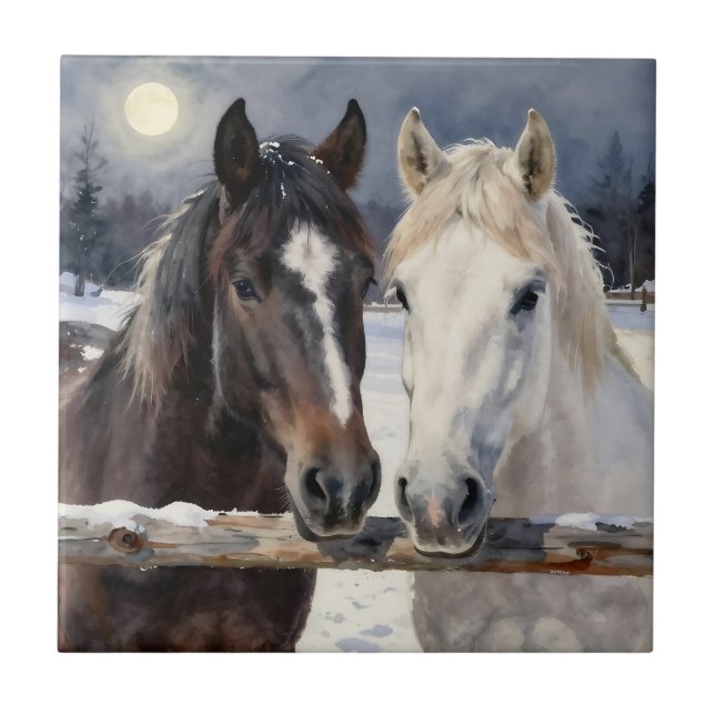 Carreau Two Horses on a Snowy Farm Under the Moon (Devant)