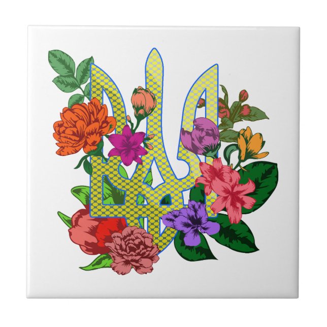 Carreau Ukrainian heraldry trident tryzub blooming flowers (Devant)